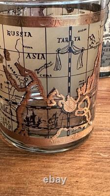 4 VTG MCM Culver Cera 22K Gold World Atlas Maps Double Old Fashioned Glasses