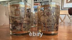 4 VTG MCM Culver Cera 22K Gold World Atlas Maps Double Old Fashioned Glasses