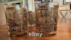4 VTG MCM Culver Cera 22K Gold World Atlas Maps Double Old Fashioned Glasses