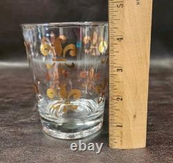 (4) Vintage 1960s Gold Fleur De Lis Old Fashioned/Double Whisky Glasses MCM/EUC