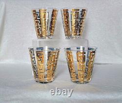 4 Vintage Culver LTD Gold and Blue Enamel Greek Key Double Old Fashioned Glasses