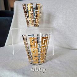 4 Vintage Culver LTD Gold and Blue Enamel Greek Key Double Old Fashioned Glasses