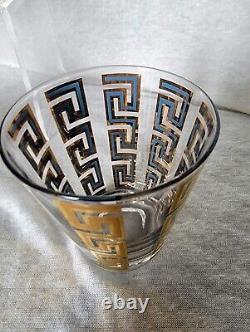 4 Vintage Culver LTD Gold and Blue Enamel Greek Key Double Old Fashioned Glasses