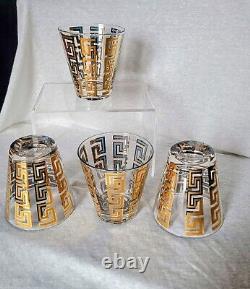 4 Vintage Culver LTD Gold and Blue Enamel Greek Key Double Old Fashioned Glasses