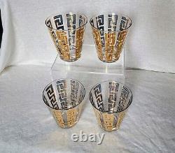 4 Vintage Culver LTD Gold and Blue Enamel Greek Key Double Old Fashioned Glasses