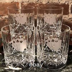 4 Waterford Lismore Double Old Fashioned Glasses Poker Cards Etched Ireland