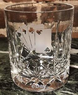 4 Waterford Lismore Double Old Fashioned Glasses Poker Cards Etched Ireland