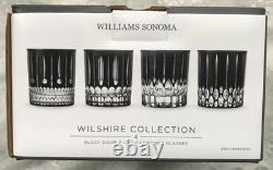 4 Williams Sonoma WILSHIRE Black Jewel Cut Crystal Old Fashioned Glasses NIB