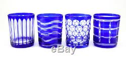 4pc Set Mixed Hand Cut Double Old-Fashioned Sapphire Tumbler Glasses. Unmarked