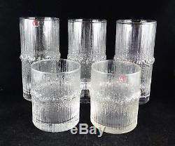 5 Iittala Finnish Glass Niva 3 High Ball Glasses, 2 Double Old Fashioned Glasses