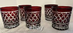 5 Ruby Red Cut-to-Clear Hand Polished Double Old Fashioned Glasses Exquisite