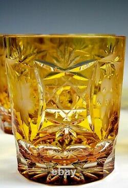 6 AJKA MARSALA Amber Cut to Clear Crystal Double Old Fashioned Tumblers Glasses