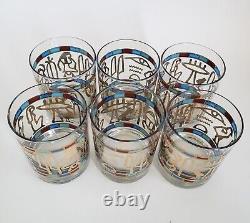6 Couroc Egyptian Hieroglyphs Glasses Low Ball Double Old Fashioned Rocks Gold