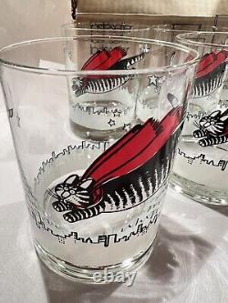 6 Kliban Flying Super Cat Double Old Fashioned Glasses Barware NIB Tastesetter