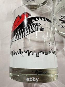 6 Kliban Flying Super Cat Double Old Fashioned Glasses Barware NIB Tastesetter