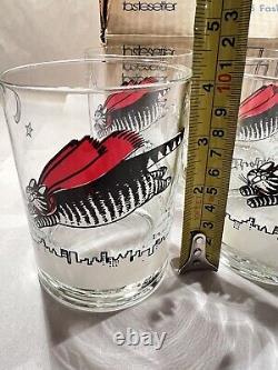 6 Kliban Flying Super Cat Double Old Fashioned Glasses Barware NIB Tastesetter