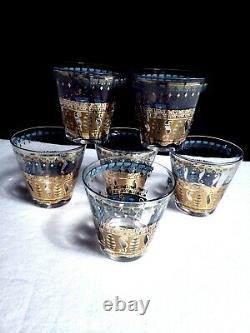 6 MCM Culver SARATOGA Double Old Fashioned Rocks Glasses 22 Kt Gold Turquoise