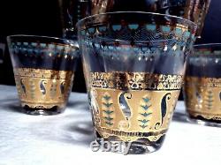 6 MCM Culver SARATOGA Double Old Fashioned Rocks Glasses 22 Kt Gold Turquoise