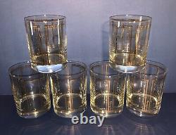 6 MCM George Briard Signed Gold Plaid Double Old Fashioned Tumblers Rock Glasses