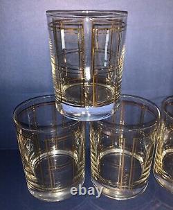 6 MCM George Briard Signed Gold Plaid Double Old Fashioned Tumblers Rock Glasses