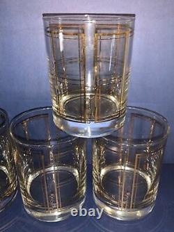 6 MCM George Briard Signed Gold Plaid Double Old Fashioned Tumblers Rock Glasses