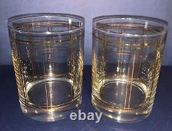 6 MCM George Briard Signed Gold Plaid Double Old Fashioned Tumblers Rock Glasses