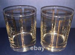 6 MCM George Briard Signed Gold Plaid Double Old Fashioned Tumblers Rock Glasses