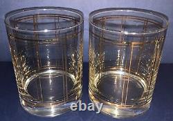 6 MCM George Briard Signed Gold Plaid Double Old Fashioned Tumblers Rock Glasses