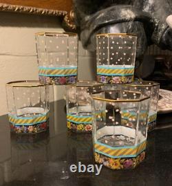 6 Mackenzie Childs Garland Octagon 3 1/2 Double Old Fashioned Glasses Pristine