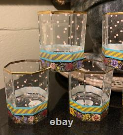 6 Mackenzie Childs Garland Octagon 3 1/2 Double Old Fashioned Glasses Pristine