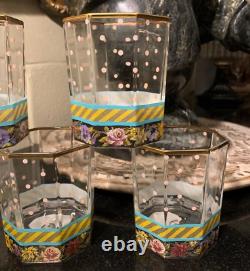 6 Mackenzie Childs Garland Octagon 3 1/2 Double Old Fashioned Glasses Pristine