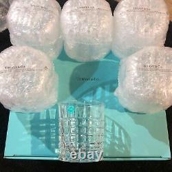 6- Tiffany Crystal Glasses Double Old Fashioned Plaid Tumbler New In Box #86g