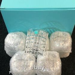 6- Tiffany Crystal Glasses Double Old Fashioned Plaid Tumbler New In Box #86g