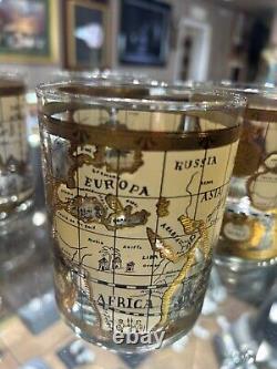 (6) VTG Mid Century Cera 22K Gold World Atlas Maps Double Old Fashioned Glasses