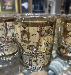 (6) VTG Mid Century Cera 22K Gold World Atlas Maps Double Old Fashioned Glasses