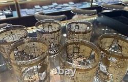 (6) VTG Mid Century Cera 22K Gold World Atlas Maps Double Old Fashioned Glasses
