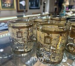 (6) VTG Mid Century Cera 22K Gold World Atlas Maps Double Old Fashioned Glasses