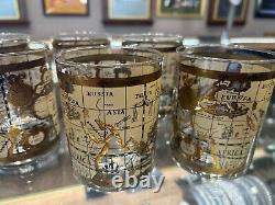 (6) VTG Mid Century Cera 22K Gold World Atlas Maps Double Old Fashioned Glasses