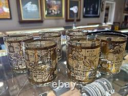 (6) VTG Mid Century Cera 22K Gold World Atlas Maps Double Old Fashioned Glasses