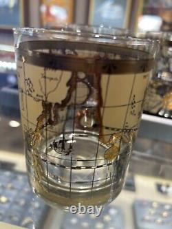 (6) VTG Mid Century Cera 22K Gold World Atlas Maps Double Old Fashioned Glasses