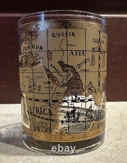 (6) VTG Mid Century Cera 22K Gold World Atlas Maps Double Old Fashioned Glasses