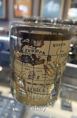 (6) VTG Mid Century Cera 22K Gold World Atlas Maps Double Old Fashioned Glasses