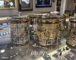 (6) VTG Mid Century Cera 22K Gold World Atlas Maps Double Old Fashioned Glasses