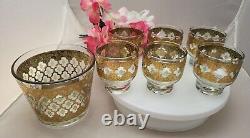7- Culver Valencia 22K Gold Footed Double Old Fashioned 6 Glasses & 1 Ice bucket