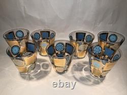 7 MCM Culver CARNIVAL Gold and Turquoise 3? Double Old-Fashioned Glasses