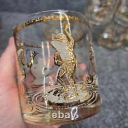 8Culver Frogs 22K Gold Double Old Fashioned Lowball Glasses MCM Mid Century