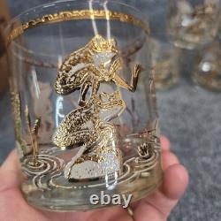 8Culver Frogs 22K Gold Double Old Fashioned Lowball Glasses MCM Mid Century