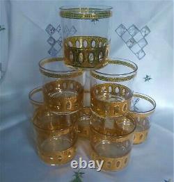 8 Culver Antigua Double Old Fashioned 22K Gold Signed Mid Century Modern Barware