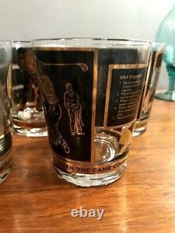 8 Vintage Golf Tips Double Old Fashioned Cocktail Glasses, Libbey, Black & Gold