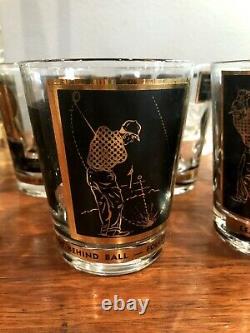 8 Vintage Golf Tips Double Old Fashioned Cocktail Glasses, Libbey, Black & Gold